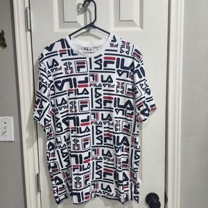 FILA All Over Logo Print T-Shirt Men's XL White Red Blue Y2K Streetwear